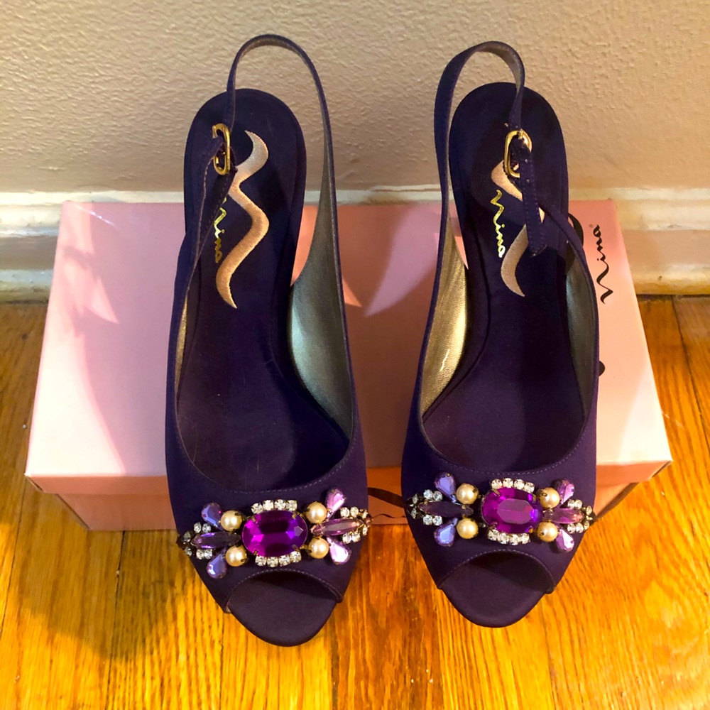 Nina Purple Dressy open-toe sling back low heels with gem stones -size 8